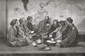 A Japanese middle-class family's mealtime in the 19th century. | Obraz na stenu