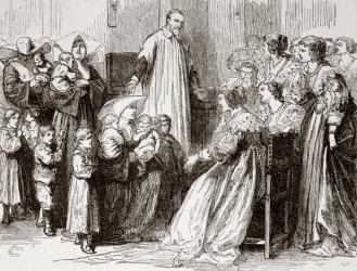 Saint Vincent de Paul, 1581 – 1660. French Catholic priest who served the poor. Here preaching to the rich about the poor. From L'Univers Illustre published in Paris in 1868. | Obraz na stenu