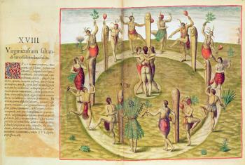 Admiranta Narratio, The Virginian Ritual Dance of Friendship (page 85), 1585-88 (colour engraving) | Obraz na stenu