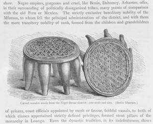 Carved wooden stools from the Niger-Benue district, from 'The History of Mankind', Vol.III, by Prof. Friedrich Ratzel, 1898 (engraving) | Obraz na stenu