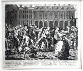 He and His Drunken Companions Raise a Riot in Covent Garden, from a pirated series based on Hogarth's 'A Rake's Progress', 1735 (etching) | Obraz na stenu