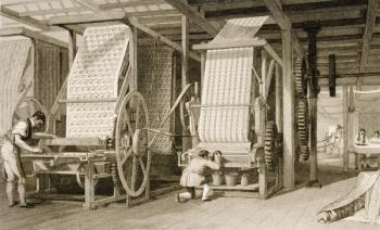 Calico printing in a cotton mill, engraved by James Carter (1798-1855) c.1830 (lithograph) | Obraz na stenu