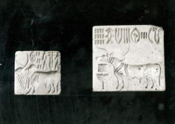 Two decorated seals depicting a zebu and a bull, from Mohenjodaro, Protohistoric (stone) (b/w photo) | Obraz na stenu