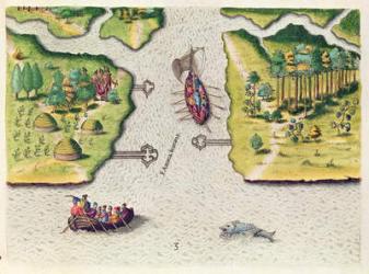 The French Discover Two Other Rivers, from 'Brevis Narratio..', engraved by Theodore de Bry (1528-98) published in Frankfurt, 1591 (coloured engraving) | Obraz na stenu