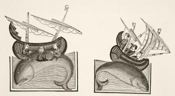 Navigators mistake a whale's back for an island, after a miniature in Richard de Fournival's 'Bestiarire d'Amour', from 'Science and Literature in the Middle Ages', by Paul Lacroix, 1878 (litho) | Obraz na stenu