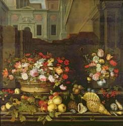 Still Life with Flowers, Fruits and Shells (oil on canvas) | Obraz na stenu