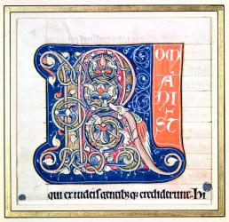 Historiated initial 'R' depicting an interlacing pattern with fantastical animals, from the Bible of Saint-Andre aux-Bois (vellum) | Obraz na stenu