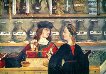 Interior of a Pharmacy, detail of the shopkeeper weighing produce (fresco) | Obraz na stenu