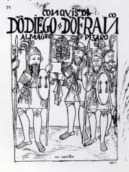 Conquistadors Diego de Amagro and Francisco Pizarro reconciled at Castille (woodcut) | Obraz na stenu