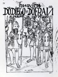 Conquistadors Diego de Amagro and Francisco Pizarro reconciled at Castille (woodcut) | Obraz na stenu