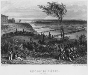 Crossing the River Niemen in June 1812, engraved by Beyer and Doherty (engraving) (b/w photo) | Obraz na stenu