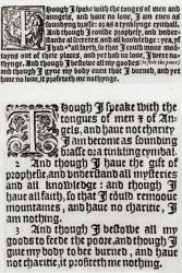 A comparison between Tynedale's Bible, 1528: I Corinthians, chapter 13, 1-3, (top) and Authorised King James Version, 1611: I Corinthians, chapter 13, 1-3, (bottom). From Impressions of English Literature, published 1944. | Obraz na stenu