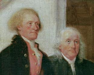 Drafting the Declaration of Independence, 28th June 1776, detail of Thomas Jefferson (1743-1826) and Benjamin Franklin (1706-90) c.1817 (oil on canvas) (see also 228826 & 228828) | Obraz na stenu