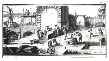 Stonemasons at work, engraved by Lucotte (engraving) (b/w photo) | Obraz na stenu