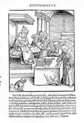 The Pope selling Indulgences from 'Passional Christi und Antichristi' by Philipp Melanchthon, published in 1521 (woodcut) (b/w photo) | Obraz na stenu