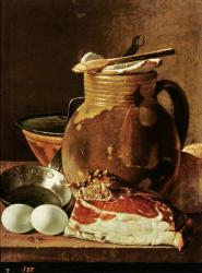 Still Life with ham, eggs, bread, frying pan and pitcher (oil on canvas) | Obraz na stenu
