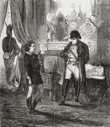 The interrogation of Friedrich Stabs after his failed attempt to assassinate Napoleon I in 1809, from 'Societes Secretes, les Francs Macons', published c.1867 (engraving) | Obraz na stenu