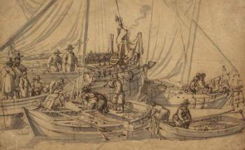 Figures on Board Small Merchant Vessels, c.1650-5 (pen, brown ink and wash drawing) | Obraz na stenu
