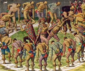 A Barbarian Celebration, from 'Navigatio in Brasiliam Americae' (coloured engraving) | Obraz na stenu