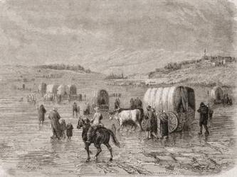 A Wagon Train Heading West in the 1860s, engraved by Stephane Pannemaker (1847-1930) (engraving) | Obraz na stenu