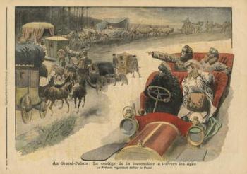 At the Grand Palais, history of locomotion throughout the ages, illustration from 'Le Petit Journal', supplement illustre, 22nd December 1907 (colour litho) | Obraz na stenu
