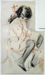 Paulette Reading Sitting on her Toy Dog (coloured pencil on paper) | Obraz na stenu
