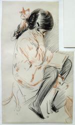 Paulette Reading Sitting on her Toy Dog (coloured pencil on paper) | Obraz na stenu