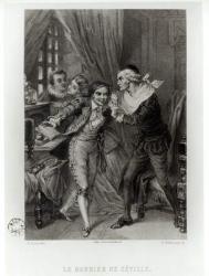 Figaro, illustration from Act III Scene 12 of 'The Barber of Seville' by Pierre Augustin Caron de Beaumarchais (1732-99) engraved by Ferdinand Delanoy (fl.1850) 1874 (engraving) (b/w photo) | Obraz na stenu