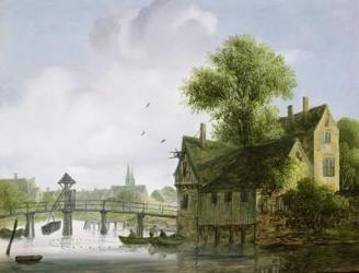 A Town on a river with a bridge (oil on canvas) | Obraz na stenu