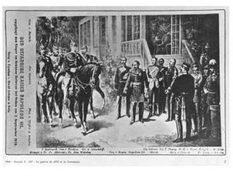 Meeting between Emperor Napoleon III (1808-73) and Kaiser Wilhelm I (1797-1888) at Bellevue Castle near Sedan on 2nd September 1870 (litho) (b/w photo) | Obraz na stenu