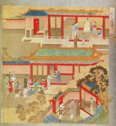Emperor Hsuan Tsung (712-756 AD) at home, from a history of Chinese emperors (colour on silk) | Obraz na stenu