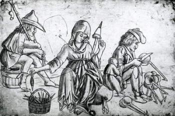 Scene with a musician playing the bagpipes, a woman spinning and a man carving spoons (engraving) | Obraz na stenu