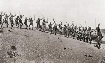 A war dance by natives of Kimberley Region, western Australia. The warriors mostly carried shields and boomerangs, though one or two had spears. Such a dance took place when two different bodies of natives met and preceeded the single combat. After a 19th | Obraz na stenu