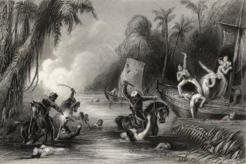 Massacre in the boats off Cawnpore in 1857, from 'The History of the Indian Mutiny', published in 1858 (engraving) | Obraz na stenu