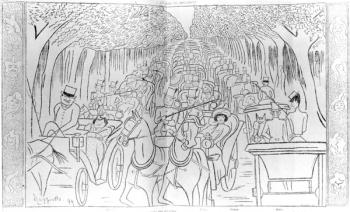 Stage, Music Hall and Opera stars of the Belle Epoque era, driving in the Bois de Boulogne, Avenue des Acacias, Paris, humorous caricature from 'Le Rire' Magazine, 1899 (litho) | Obraz na stenu