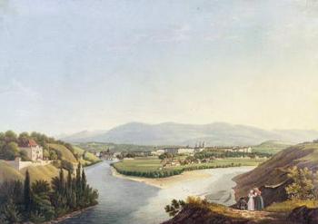 View of Geneva from the Confluence of the Rhone and the Arve, engraved by Friedrich Salathe (1793-1860) (coloured engraving) | Obraz na stenu