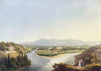 View of Geneva from the Confluence of the Rhone and the Arve, engraved by Friedrich Salathe (1793-1860) (coloured engraving) | Obraz na stenu