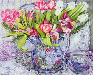 Pink and White Tulips, Orchids and Blue Antique China (w/c) | Obraz na stenu