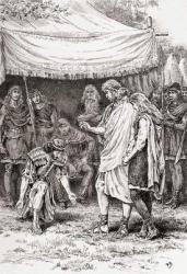 A scene from William Shakespeare's play 'Cymbeline', Act V, Scene 5, Posthumus Leonatus: "Kneel not to me. The power that I have on you is to spare you", from 'The Works of William Shakespeare', published 1896 (engraving) | Obraz na stenu