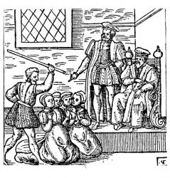 James I (1566-1625) of England and VI of Scotland Examining the North Berwick Witches, from 'Newes from Scotland', 1591 (engraving) (b&w photo) | Obraz na stenu