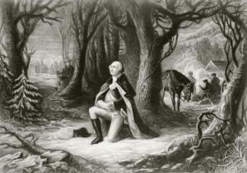 George Washington prays at the American Revolutionary War encampment of Valley Forge during the winter of 1777-78, after a painting by Henry Brueckner (litho) | Obraz na stenu