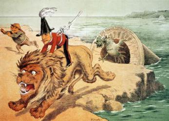 'The Lion cannot face the corwing of the Cock', The American view of the Channel Tunnel Scare, illustration from 'Puck' magazine (colour litho) | Obraz na stenu