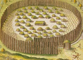 Fortified Indian Village, from 'Brevis Narratio...', published by Theodore de Bry, 1591 (coloured engraving) (see 159355 for detail) | Obraz na stenu