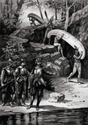Champlain Exploring the Canadian Wilderness, 1603, from 'The American Continent and its Inhabitants before its Discovery by Columbus', by Anne C. Cady, 1893 (litho) (b&w photo) | Obraz na stenu