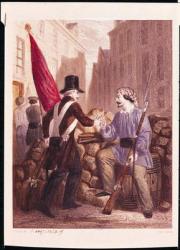 A Worker Sharing his Bread with a Student Carrying a Red Flag, from 'Les Journees de Fevrier', engraved by H. Jannin (coloured engraving) | Obraz na stenu