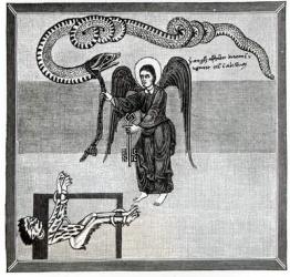 The Angel, holding the Keys of Hell, enchains the Devil, in the shape of a Dragon, in the Pit, from a Commentary upon the Apocalypse by the Asturian monk Beatus of Liebana, c.776, illustration from 'Science and Literature in the Middle Ages and the Renais | Obraz na stenu