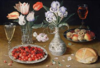 Still life with Lilies, Roses, Tulips, Cherries and Wild Strawberries (oil on panel) | Obraz na stenu