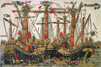 Battle of Zonchio, 1499 (colour woodcut) | Obraz na stenu