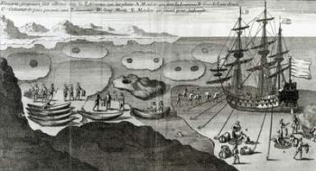 The Ship Making Alliance with the Eskimos, from 'Histoire de l'Amerique Septentrionale' by Bacqueville de La Potherie (1663-1736), published in 1753 (engraving) (b/w photo) | Obraz na stenu