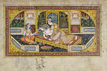 A man courts a woman in a boudoir scene, Rajasthani miniature painting (w/c on paper) | Obraz na stenu